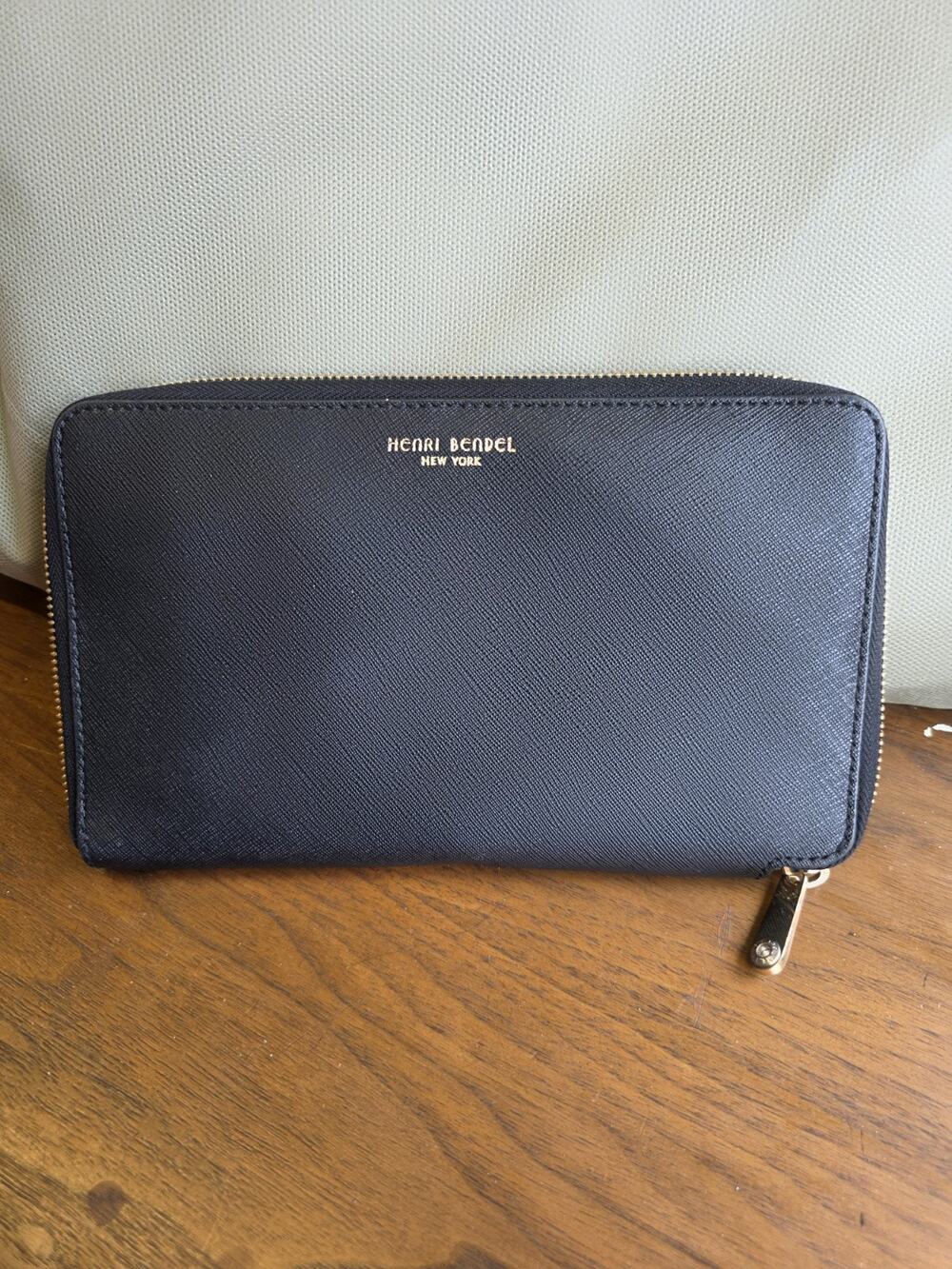 Henri Bendel Black Saffiano Leather Zip Around Continental Wallet